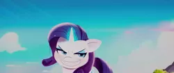Size: 1280x536 | Tagged: safe, derpibooru import, screencap, rarity, sprout cloverleaf, pony, unicorn, inspiration manifestation, my little pony: a new generation, spoiler:my little pony: a new generation, animated, evil, evil rarity, female, g4, g5, image, mare, png, pony history, possessed, prologue, rarisnap, red eyes, red pupils, sharp teeth, start of ponies, teeth