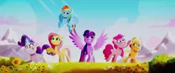Size: 1280x536 | Tagged: safe, derpibooru import, screencap, applejack, fluttershy, pinkie pie, rainbow dash, rarity, sprout cloverleaf, twilight sparkle, twilight sparkle (alicorn), alicorn, earth pony, pegasus, pony, unicorn, inspiration manifestation, my little pony: a new generation, season 4, spoiler:my little pony: a new generation, animated, evil, evil rarity, female, g4, g5, image, inspirarity, mane six, mare, png, pony history, possessed, prologue, rarisnap, red eyes, red pupils, sharp teeth, sound, start of ponies, teeth