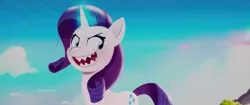 Size: 1280x536 | Tagged: safe, derpibooru import, screencap, rarity, sprout cloverleaf, pony, unicorn, my little pony: a new generation, spoiler:my little pony: a new generation, animated, evil, evil rarity, female, g4, g5, image, mare, png, pony history, possessed, prologue, rarisnap, red eyes, red pupils, sharp teeth, sound, start of ponies, teeth