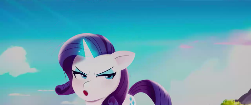 Size: 1280x536 | Tagged: safe, derpibooru import, screencap, rarity, sprout cloverleaf, pony, unicorn, my little pony: a new generation, spoiler:my little pony: a new generation, animated, evil, evil rarity, female, g4, g5, image, mare, png, pony history, possessed, prologue, rarisnap, red eyes, red pupils, start of ponies
