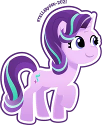 Size: 3224x3944 | Tagged: safe, artist:stellardusk, derpibooru import, starlight glimmer, pony, unicorn, my little pony: a new generation, spoiler:g5, spoiler:my little pony: a new generation, blue eyes, female, g4 to g5, g5, high res, horn, image, mare, outline, png, raised hoof, simple background, smiling, solo, standing, tail, transparent background, two toned mane, two toned tail, watermark