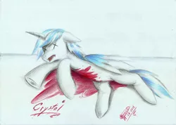 Size: 2337x1660 | Tagged: grimdark, derpibooru import, oc, oc:crystal, unofficial characters only, alicorn, pony, alicorn oc, blood, colored wings, dead, floppy ears, folded wings, horn, image, jpeg, lying down, side, solo, tail, tongue out, traditional art, two toned mane, two toned tail, two toned wings, wings, x eyes