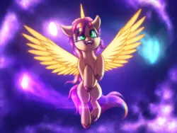 Size: 4000x3000 | Tagged: safe, artist:shad0w-galaxy, derpibooru import, sunny starscout, alicorn, earth pony, pony, my little pony: a new generation, spoiler:g5, spoiler:my little pony: a new generation, artificial wings, augmented, female, flying, g5, glow, glowing horn, high res, horn, image, magic, magic wings, mare, night, open mouth, png, sky, smiling, solo, sunnycorn, wings