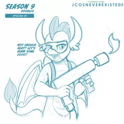 Size: 960x960 | Tagged: safe, artist:jcosneverexisted, derpibooru import, smolder, dragon, sweet and smoky, female, fire, flamethrower, glasses, image, jpeg, season 9 doodles, solo, text, weapon