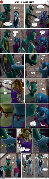 Size: 2000x7190 | Tagged: suggestive, artist:stellarator, derpibooru import, adagio dazzle, sonata dusk, trixie, oc, oc:smoothie, anthro, unguligrade anthro, comic:we will be adored, comic:we will be adored part 21, 3d, blender, comic, cutie mark clothing, cycles, hat, image, not sfm, nylons, png, the dazzlings tour bus, top hat, vulgar