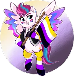 Size: 943x962 | Tagged: safe, artist:binkyt11, derpibooru import, zipp storm, pegasus, pony, bisexual pride flag, bracelet, clothes, commission, derpibooru exclusive, ear piercing, earring, eyebrow piercing, face paint, flag, flying, g5, grin, headcanon, image, jacket, jewelry, leather jacket, lgbt headcanon, makeup, necklace, nonbinary, nonbinary pride flag, nose piercing, nose ring, piercing, png, pride, pride flag, smiling, socks, solo, spiked wristband, striped socks, wristband