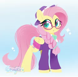 Size: 2048x2026 | Tagged: safe, artist:tinykiru, derpibooru import, fluttershy, pegasus, pony, fake it 'til you make it, :o, alternate hairstyle, braid, cute, ear fluff, female, glasses, hat, heart eyes, high res, hipstershy, image, jpeg, leg fluff, mare, open mouth, shyabetes, solo, wingding eyes