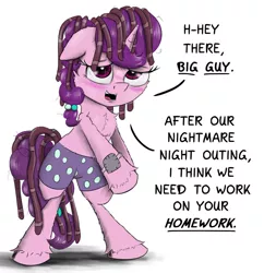 Size: 1280x1320 | Tagged: safe, artist:chopsticks, derpibooru import, smarty pants, sugar belle, earth pony, pony, blushing, clothes, cosplay, costume, image, implied big macintosh, jpeg, roleplaying, solo