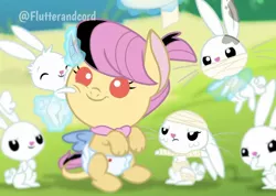 Size: 1080x767 | Tagged: safe, derpibooru import, editor:flutterandcord, angel bunny, oc, oc:honey drops, hybrid, pony, the last problem, baby, diaper, female, filly, image, injured, interspecies offspring, jpeg, kids, magic, offspring, outdoors, parent:discord, parent:fluttershy, parents:discoshy, photo, picture, signature, smiling, story included