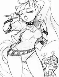 Size: 1500x1949 | Tagged: suggestive, artist:boastudio, derpibooru import, applejack, coloratura, pinkie pie, anthro, earth pony, ><, choker, countess coloratura, emanata, eyes closed, female, hug, image, microphone, monochrome, open mouth, open smile, png, question mark, smiling, spiked choker