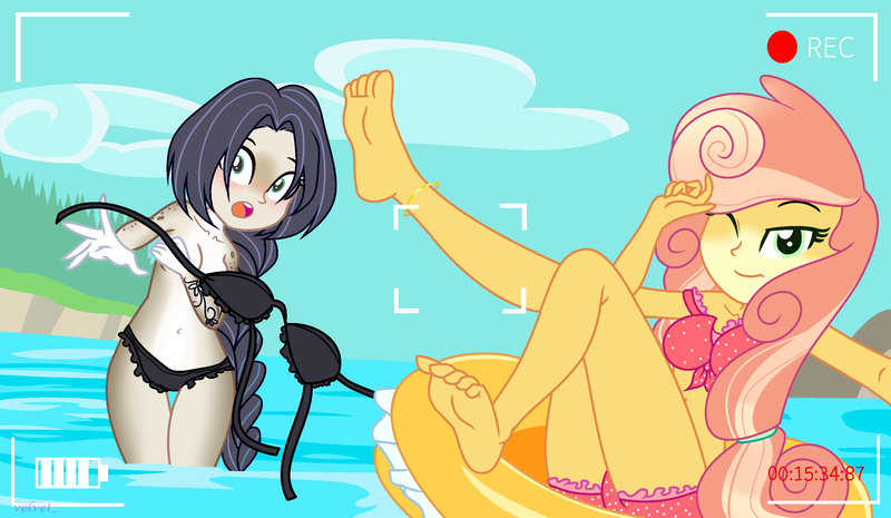 Size: 3008x1748 | Tagged: suggestive, artist:velvet_, derpibooru import, oc, oc:midnight ballad, oc:pina colada (ice1517), unofficial characters only, icey-verse, equestria girls, accidental exposure, anklet, barefoot, beach, belly button, bikini, bikini bottom, bikini top, blushing, clothes, commission, covering, covering breasts, embarrassed, equestria girls-ified, feet, female, floaty, image, jewelry, magical lesbian spawn, ocean, offspring, one eye closed, open mouth, parent:applejack, parent:derek (pony life), parent:strawberry sunrise, parents:applerise, parents:derekjack, png, selfie, shocked, soles, swimsuit, tattoo, water, wink, ych result