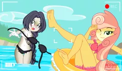 Size: 3008x1748 | Tagged: suggestive, artist:velvet_, derpibooru import, oc, oc:midnight ballad, oc:pina colada (ice1517), unofficial characters only, icey-verse, equestria girls, accidental exposure, anklet, barefoot, beach, belly button, bikini, bikini bottom, bikini top, blushing, clothes, commission, covering, covering breasts, embarrassed, equestria girls-ified, feet, female, floaty, image, jewelry, magical lesbian spawn, ocean, offspring, one eye closed, open mouth, parent:applejack, parent:derek (pony life), parent:strawberry sunrise, parents:applerise, parents:derekjack, png, selfie, shocked, soles, swimsuit, tattoo, water, wink, ych result