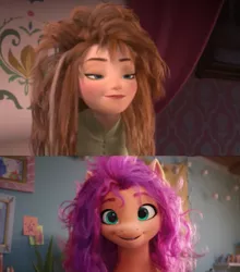 Size: 1075x1219 | Tagged: safe, derpibooru import, screencap, sunny starscout, my little pony: a new generation, spoiler:my little pony: a new generation, anna, frozen (movie), g5, image, meme, messy hair, messy mane, png