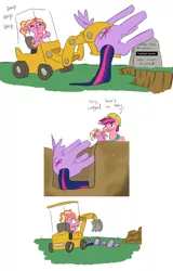 Size: 851x1328 | Tagged: safe, artist:jargon scott, derpibooru import, princess twilight 2.0, twilight sparkle, twilight sparkle (alicorn), alicorn, earth pony, pony, unicorn, the last problem, clothes, comic, crying, dead, excavator, female, grave, gravestone, hard hat, hat, image, male, mare, older, older twilight, png, simple background, stallion, white background