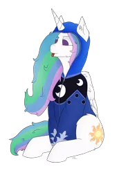 Size: 3000x4000 | Tagged: safe, artist:donnik, derpibooru import, princess celestia, alicorn, pony, clothes, hoodie, image, mlem, png, silly, sitting, solo, tongue out