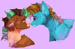 Size: 2000x1314 | Tagged: safe, artist:frosstish, derpibooru import, oc, oc:carbon, oc:sagebrush, unofficial characters only, earth pony, pegasus, pony, bedroom eyes, blue eyes, boop, bust, couple, cute, earth pony oc, eye contact, eyelashes, eyes open, floppy ears, gay, green eyes, image, jpeg, looking at each other, male, multicolored hair, multicolored mane, noseboop, oc x oc, pegasus oc, shading, shipping, smiling, stallion, surprised, wings