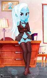 Size: 718x1192 | Tagged: suggestive, artist:charliexe, derpibooru import, trixie, equestria girls, belly button, breasts, clothes, female, image, jpeg, lingerie, looking at you, smiling, smiling at you, socks, solo, solo female, stockings, stupid sexy trixie, thigh highs