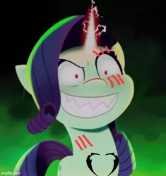 Size: 500x531 | Tagged: semi-grimdark, derpibooru import, edit, edited screencap, screencap, rarity, pony, unicorn, lil-miss rarity, my little pony: a new generation, spoiler:my little pony: a new generation, evil, evil grin, evil rarity, female, g5, grin, image, jpeg, meme, possessed, smiling, solo