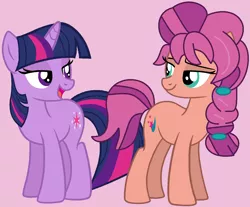 Size: 1504x1248 | Tagged: safe, artist:iambrilliancetheppg, artist:jadethepegasus, derpibooru import, sunny starscout, twilight sparkle, earth pony, pony, unicorn, base used, duo, female, g5, image, looking at each other, mare, open mouth, png, purple background, simple background, unicorn twilight