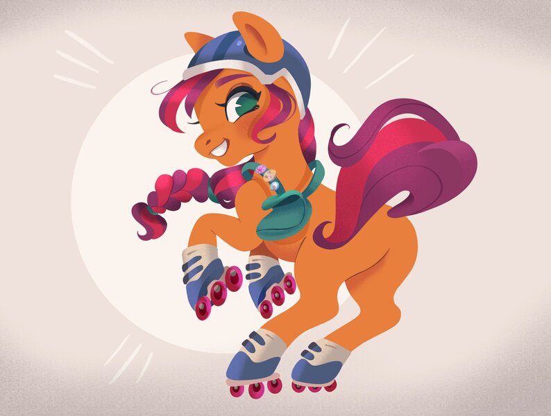 Size: 2048x1548 | Tagged: safe, artist:clockworkquartet, derpibooru import, sunny starscout, earth pony, pony, butt, cute, female, g5, helmet, image, jpeg, mare, no pupils, plot, roller skates, satchel, smiling, solo, sunnybetes