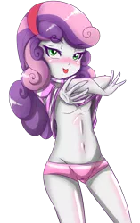 Size: 1010x1612 | Tagged: suggestive, artist:trainbang, banned from derpibooru, sweetie belle, human, equestria girls, bedroom eyes, blushing, breasts, cameltoe, clothes, female, image, lolicon, looking at you, panties, png, shirt, simple background, solo, solo female, tongue out, transparent background, underage, underboob, underwear, undressing