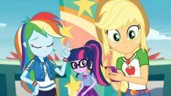 Size: 3410x1920 | Tagged: safe, derpibooru import, screencap, applejack, rainbow dash, sci-twi, twilight sparkle, equestria girls, equestria girls series, rollercoaster of friendship, applejack's hat, belt, clothes, cowboy hat, cutie mark, cutie mark on clothes, denim skirt, eyes closed, female, geode of super speed, geode of super strength, geode of telekinesis, glasses, hat, high res, image, jewelry, jpeg, magical geodes, mobile phone, necklace, phone, ponytail, skirt, smartphone, smiling