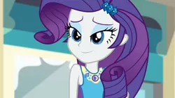 Size: 3410x1920 | Tagged: safe, derpibooru import, screencap, rarity, equestria girls, equestria girls series, rollercoaster of friendship, female, geode of shielding, hairpin, high res, image, jpeg, magical geodes, rarity peplum dress, smiling, solo