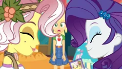 Size: 3410x1920 | Tagged: safe, derpibooru import, screencap, applejack, fluttershy, rarity, vignette valencia, equestria girls, equestria girls series, rollercoaster of friendship, applejack's hat, belt, bracelet, clothes, cowboy hat, cutie mark, cutie mark on clothes, denim skirt, eyes closed, female, geode of super strength, hairpin, hat, high res, image, jewelry, jpeg, magical geodes, mobile phone, necklace, open mouth, phone, rarity peplum dress, skirt, smartphone, smiling