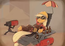 Size: 2000x1421 | Tagged: safe, artist:anonymous, derpibooru import, applejack, earth pony, pony, semi-anthro, alcohol, beer, belt, chaps, clothes, crossover, female, goggles, hard hat, hat, image, jpeg, lying down, mare, rancho relaxo, sentry gun, smiling, solo, team fortress 2, toolbox