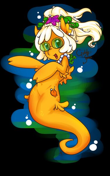 Size: 800x1280 | Tagged: safe, artist:tiki-sama, derpibooru import, oc, unofficial characters only, fish, merpony, seapony (g4), starfish, black background, blue eyes, bubble, digital art, eyelashes, fins, flowing mane, glasses, image, jewelry, jpeg, necklace, open mouth, open smile, pearl necklace, signature, simple background, smiling, solo, underwater, water