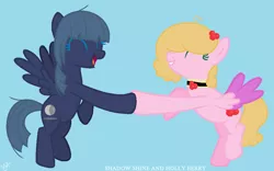 Size: 936x584 | Tagged: safe, artist:yuumirou, derpibooru import, oc, oc:holly berry, oc:shadow shine, unofficial characters only, pegasus, pony, female, image, mare, png, simple background