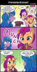 Size: 800x1540 | Tagged: safe, artist:uotapo, derpibooru import, izzy moonbow, pipp petals, sunny starscout, zipp storm, my little pony: a new generation, spoiler:my little pony: a new generation, blushing, bracelet, comic, dialogue, eyes closed, g5, image, jewelry, jpeg, munching, open mouth, open smile, smiling, sweat, sweatdrop, tongue out