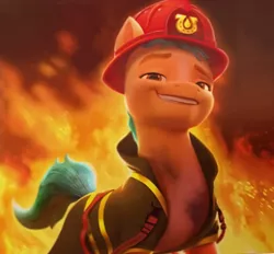 Size: 1054x978 | Tagged: safe, derpibooru import, edit, edited screencap, screencap, hitch trailblazer, my little pony: a new generation, spoiler:my little pony: a new generation, cropped, fire, firefighter, g5, image, looking at you, png, stupid sexy hitch trailblazer