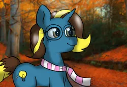Size: 1100x758 | Tagged: safe, artist:tranzmuteproductions, derpibooru import, oc, unofficial characters only, pony, unicorn, clothes, female, forest, glasses, horn, image, mare, outdoors, png, scarf, smiling, solo, tree, unicorn oc