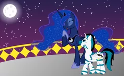 Size: 1298x800 | Tagged: safe, artist:zombietator, derpibooru import, princess luna, oc, alicorn, pony, zebra, zebracorn, alicorn oc, ethereal mane, eyes closed, female, full moon, hoof shoes, horn, image, male, mare, moon, night, outdoors, png, smiling, stallion, starry mane, stars, wings, zebra oc