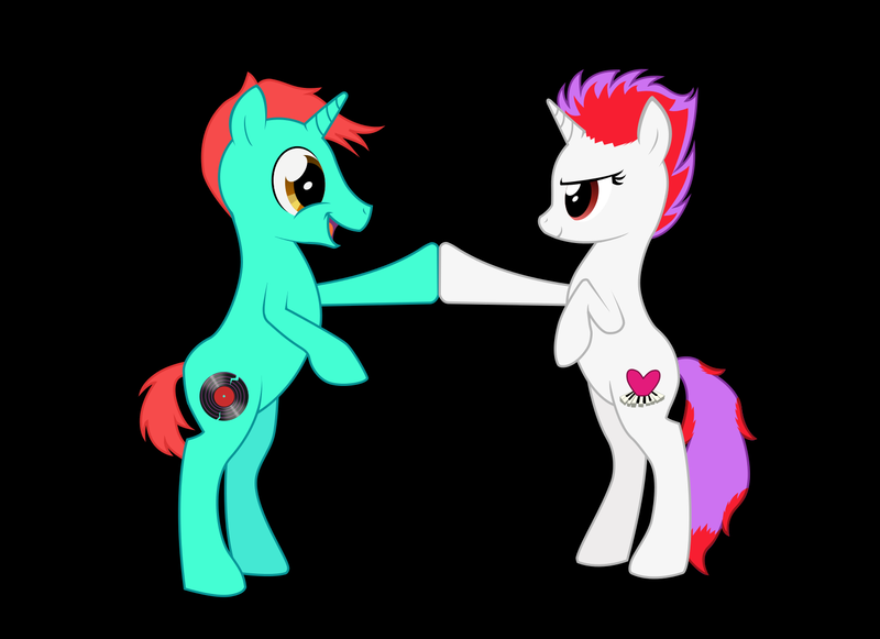 Size: 1503x1091 | Tagged: safe, artist:zombietator, derpibooru import, oc, unofficial characters only, pony, unicorn, bipedal, black background, duo, female, hoofbump, horn, image, male, mare, png, simple background, stallion, unicorn oc