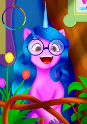 Size: 2480x3508 | Tagged: safe, artist:leonkay, derpibooru import, izzy moonbow, pony, unicorn, my little pony: a new generation, spoiler:my little pony: a new generation, fit right in, g5, glasses, image, open mouth, open smile, png, scene interpretation, smiling, solo