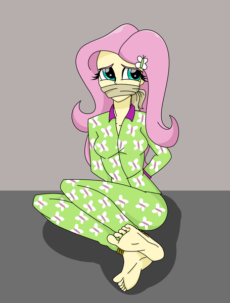 Size: 1376x1816 | Tagged: safe, artist:splendidbondage, derpibooru import, fluttershy, equestria girls, ankle tied, arm behind back, bondage, bound and gagged, bound wrists, cloth gag, clothes, feet, female, femsub, fluttersub, gag, image, pajamas, png, solo, submissive, tied up