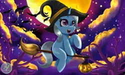 Size: 2000x1200 | Tagged: safe, artist:julie25609, derpibooru import, trixie, pony, unicorn, luna eclipsed, broom, cloud, cute, cutie mark, diatrixes, eyelashes, female, flying, flying broomstick, hat, horn, image, mare, moon, nightmare night, png, solo, stars, tail, witch hat