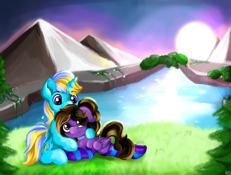 Size: 1280x970 | Tagged: safe, artist:appleneedle, derpibooru import, oc, alicorn, pegasus, pony, art, character, commission, digital, draw, drawing, family, fanart, hill, image, jpeg, love, nature, paint, painting, river, scenery, siblings, sun, tree