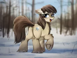 Size: 4000x3000 | Tagged: safe, artist:selenophile, edit, edited edit, oc, oc:frosty flakes, unofficial characters only, pony, taiga pony, bedroom eyes, butt, compromise, dock, ears, edited edited edit, female, floppy ears, fluffy, image, looking at you, looking back, looking back at you, mare, open mouth, open smile, outdoors, plot, png, raised hoof, raised leg, raised tail, rear view, sfw edit, smiling, smiling at you, snow, solo, solo female, tail, underhoof