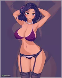 Size: 900x1125 | Tagged: suggestive, alternate version, artist:darkphoboz, derpibooru import, rarity, human, 3d, arm behind head, armpits, big breasts, bra, breasts, busty rarity, cleavage, clothes, erect nipples, female, garter belt, garters, huge breasts, humanized, image, jewelry, jpeg, looking at you, necklace, nipple outline, panties, pearl necklace, purple underwear, socks, solo, solo female, stockings, thigh highs, underwear, zoom layer