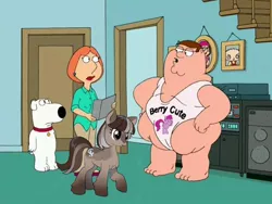 Size: 704x528 | Tagged: suggestive, artist:marbo, edit, berry punch, berryshine, oc, oc:winter wonder, dog, human, pony, taiga pony, brian griffin, family guy, fat, female, image, jpeg, lois griffin, mare, onesie, ooo, peter griffin, picture