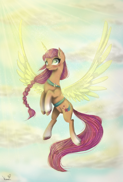 Size: 2500x3692 | Tagged: safe, artist:kamikami1234, derpibooru import, sunny starscout, alicorn, pony, my little pony: a new generation, spoiler:my little pony: a new generation, artificial wings, augmented, female, g5, glow, glowing horn, glowing wings, horn, image, magic, magic horn, magic wings, png, sunnycorn, wings