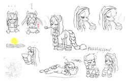 Size: 1700x1080 | Tagged: safe, artist:kabayo, artist:snspony, oc, oc:baba hooves, unofficial characters only, pony, taiga pony, bowl, cup, elderly, female, image, mare, pillow, pipe, png, raspberry, sketch, sketch dump, sleeping, snoring, sun, tongue out