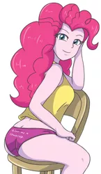 Size: 1689x2921 | Tagged: suggestive, artist:sumin6301, derpibooru import, pinkie pie, equestria girls, balloonbutt, bedroom eyes, breasts, busty pinkie pie, butt, chair, clothes, image, implied spanking, jpeg, looking at you, looking back, looking back at you, panties, simple background, sitting, underwear, white background