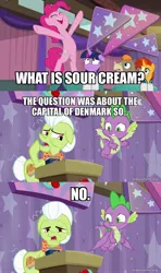 Size: 800x1350 | Tagged: safe, derpibooru import, edit, edited screencap, screencap, cranky doodle donkey, granny smith, pinkie pie, spike, sunburst, twilight sparkle, a trivial pursuit, caption, image, image macro, jellystone, jpeg, text