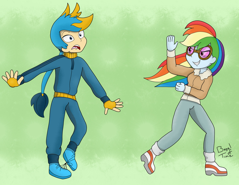 Size: 3300x2550 | Tagged: safe, artist:bageloftime, derpibooru import, part of a set, gallus, rainbow dash, equestria girls, ponies of dark water, clothes, equestria girls-ified, evil grin, female, goggles, grin, high res, image, jpeg, male, open mouth, prank, rainbow douche, red eyes, shoelace, smiling, tripping, waving