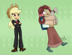 Size: 3300x2550 | Tagged: safe, artist:bageloftime, derpibooru import, part of a set, applejack, yona, equestria girls, ponies of dark water, business suit, carrying, clothes, donaldjack, duo, duo female, equestria girls-ified, female, foot tapping, high res, image, jpeg, open mouth, red eyes, struggling, suit