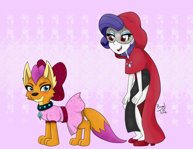 Size: 3300x2550 | Tagged: safe, artist:bageloftime, derpibooru import, part of a set, rarity, smolder, dog, equestria girls, ponies of dark water, annoyed, blushing, bow, cloak, clothes, collar, commission, cross-popping veins, doctor doomity, dress, duo, duo female, equestria girls-ified, female, frown, high res, hood, image, jpeg, mask, open mouth, open smile, red eyes, slit pupils, smiling, smolder the dog, species swap